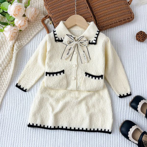Bear Leader Autumn and Winter Warm Sweater Suit Pocket Bow Single Breasted Long Sleeved Knit Coat + Skirt 2-piece Sets Sweet Solid Color Children's Clothing