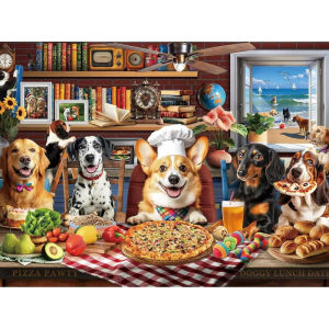 Dog Pizza Party Jigsaw Puzzle 500/1000/1200/2000Pieces Fun Cartoon Puzzle for Family Bonding Ideal Birthday Present Pet Lovers