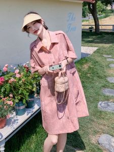 Pink Dyed Polo Collar Dress Women Summer 2025 New Korean Style Youthful Mid-Length Shirt Dress Commute Other Material Short Sleeve Citywalk