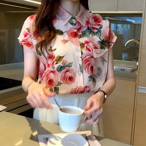 Short-sleeved Chiffon Shirt & Women's Loose Printed Blouse: European Goods Tops for Summer 2024