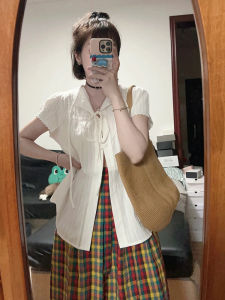 Áo Sơ Mi Tay Ngắn Kiểu Pháp Cổ Điển Dành Cho Nữ Mùa Hè Thiết Kế Mới Độc Đáo Thanh Lịch Tay Viền Ren Thắt Lưng Áo Sơ Mi Nữ