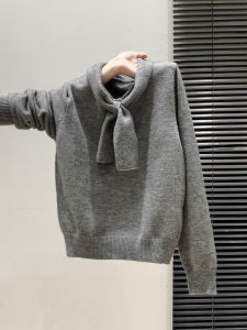 เสื้อสเวตเตอร์ถักแขนยาวสีเทา ผูกโบว์ สำหรับผู้หญิง ฤดูใบไม้ร่วง/ฤดูหนาว หนา หลวม ชั้นใน เสื้อผ้าทำงาน ผ้าฝ้ายผสม