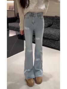 กางเกงยีนส์ทรงขาบานเอวสูงปักลายตัวอักษรสำหรับผู้หญิง กางเกงขายาวทรงขาบานเอวสูงสำหรับฤดูใบไม้ร่วงและฤดูหนาว