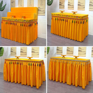 ผ้าคลุมโต๊ะจันทน์ไหมลูกไม้ลายดอกบัวสะท้อนแสงผ้าไหมผ้าคลุมโต๊ะสำหรับเจ้าแม่ฟูเตียวสำหรับงานวัดผ้าคลุมโต๊ะสีเหลือง