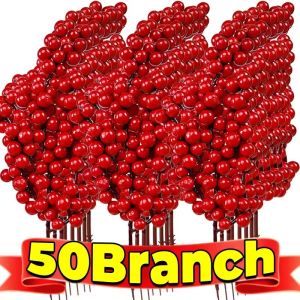 Feelife 50PCS Christmas Artificial Red Berries Branches Fake Flowers Plants Holly Berry Stamen Xmas Tree Ornaments Party Home Decor
