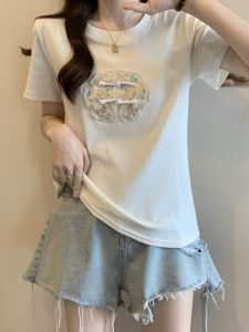 New Chinese Style Embroidered Short Sleeve T-Shirt Women Summer plus Size Slimming Shoulder Appropriate Top round Neck Cotton Blend