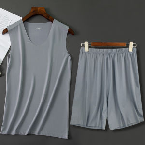 Mens Ice Silk Seamless Sleepwear Set Striped Vest Five-Quarter Shorts Two-Piece Casual Home Air Conditioning Clothing