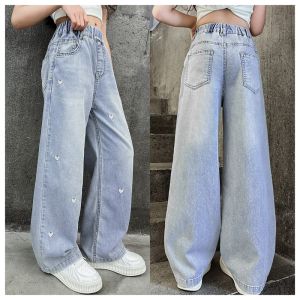 Rolanko Girls Denim Wide-Leg Jeans Kids Straight Heart Embroidery Pants Baggy Elastic Waist Trousers School Daily Casual Wear 6-15 Years