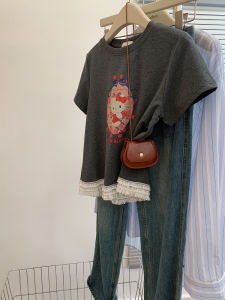 Áo Thun Nữ Tay Ngắn Màu Xám Thiết Kế Ngắn Ôm Vừa Vặn Viền Ren Bên Trong Mùa Xuân 25 Áo Thun Thường Ngày Mùa Xuân