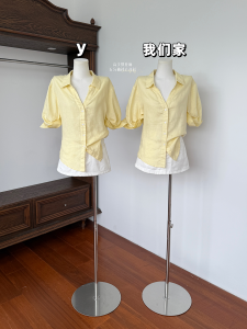 Yellow Linen Blend Womens Shirt Three Quarter Sleeve Polo Neck Loose Fit Summer Commute Style Breathable Regular Thickness