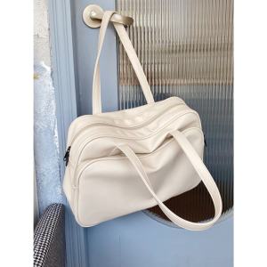 Large Capacity Tote Bag Travel Business Trip Shoulder Handbag College Style Soft PU Leather Casual Pure Color Zipper Closure