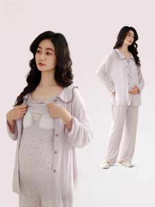 MiiOW | Bộ đồ ngủ dài tay mùa hè cho phụ nữ mang thai MiiOW Cat Person V-neck chống trượt quần dài áo ba mảnh mặc ở nhà