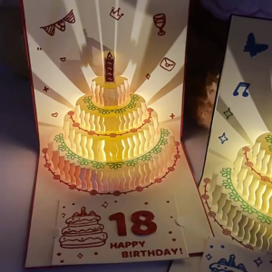 3D Music Light Birthday Card Creative Pop Up Cake Musical Light Greeting Card Birthday Party Gift Message Card with Envelope