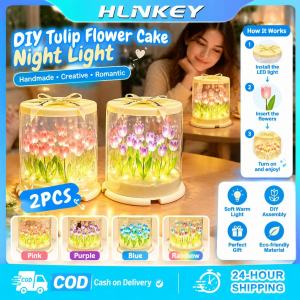 HLINKEY DIY Tulip Night Light Cake Shape LED Lamp Handmade Flower Sea Desk Decoration Birthday Gift For Girlfriend Kids Room Decor Warm White Light 11cm
