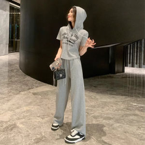 Internet Celebrity Fried Street Gray Athleisure Suit Female Summer Younger Fashion Lively Playful Short Sleeve Loose Pants Two-piece Set