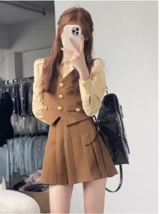 American College Style Three-Piece Set Spring Autumn JK Uniform Retro Anti-Aging Blazer Vest Skirt Ensemble Polyester
