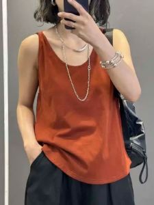 Summer 2024 Womens Sleeveless V-Neck Tank Top Loose Fit Pure Color Fashionable Inner Wear Cotton Blend Comfortable Vest