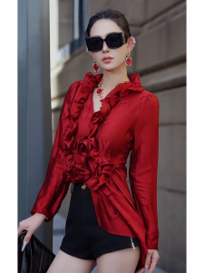 SHANGSHA | Elegant Designer Red Blouse