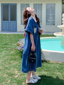 Loose Bf Style Korean Jeans Dress Women Summer New Belly Covering Slimming Casual Long Dress Commute Patchwork Loose Waist