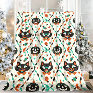Beast Kingdom | Retro Halloween Black Cat Pumpkin Candy Flannel Blanket Soft Fuzzy Plush Cozy Warm Throw for Sofa Bed Couch Home Decor