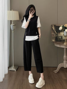 Shalldoer | Fashionable Korean Style Womens Two-Piece Set Short Sleeve Wide Leg Pants Black Top Summer New Arrival Elegant Feel