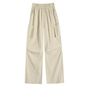 LANGPIN | กางเกงทำงานผ้าลินินไหมสีน้ำแข็งเอวสูงสำหรับผู้หญิงในช่วงฤดูร้อน กางเกงขายาวทรงหลวมสปอร์ตแบบบาง กางเกงขายาวสำหรับทหารปืนใหญ่