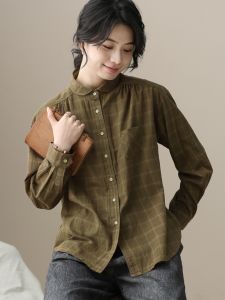 Left Ear Left Bank Pure Cotton Shirt Womens Spring 2024 New Style Japanese Artistic Retro Plaid Long Sleeve Womens Shirt