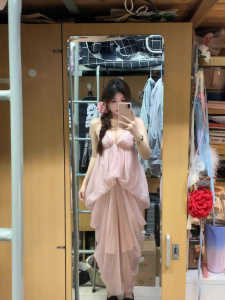 Beach Vacation เดรส ผู้หญิง หวาน Style Pink ไม่มีสาย Long เดรส High เอว Irregular กระโปรง No Sleeve คอวี ซิป Back