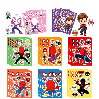 Hot Toys | 8Sheets Disney Spiderman Cartoon Stickers Marvel Puzzle Make-a-Face Game Sticker DIY Children Assemble Jigsaw Toys