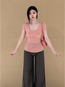 YUEZHONGWEI | American Style Short Sleeve V-neck T-shirt Womens Summer New Fashion Slim Fit Hot Girl Short Length Micro Translucent Top