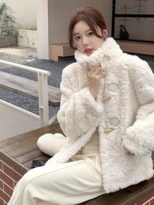 Winter 2024 Womens Loose Fit Rabbit Fur Jacket Korean Style Lamb Fur Collar Coat Fashionable Fake Fur Sheepskin Coat