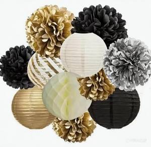 11pcs Black & Gold Pom Pom Lantern Party Decorations Back To School Valentine Day