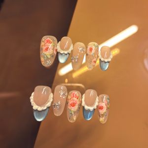 Handmade Almond Shaped Wearable Nails French Style 3D Cat Eye Flower Design Blue Series Nail Tips Easy to Wear And Remove