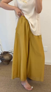 Oriental New Chinese Style Women Lyocell Wide Leg Casual Daily Trousers Mustard Yellow M