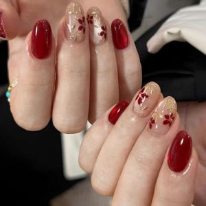 30pcs/set cat eyes fake nails Short square almond tips New year red polka dot fireworks flowers design press on false nails art