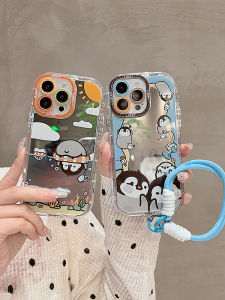 Cute Penguin Mirror Phone Case for  15Promax 14Pro 12 Couple 17 Men Women 13 Wristband Lanyard 16 Anti-Fall 11 Korean Air Cartoon plus