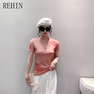 REHIN Women‘s T-shirt Summer Fashion Mesh Pink Unique Print Short-sleeved Round-neck New Korean Style Shirt Slim-fit Trendy Top with Floral Pattern Women blouse