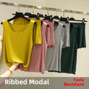 Spring Summer New plus Size Modal Strap Vest Women Thin Sleepwear Wooden Edge Ruffle Vest Shorts Two Piece Set Slim Fit Style