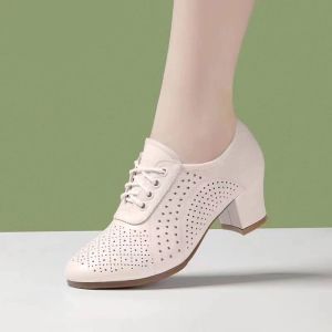 White Genuine Leather Latin Dance Shoes for Women Medium Heel Fitness Training Social Square Dance Shoes Teacher Shoes