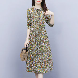 Elegant Cotton Linen Long Sleeve Womens Dress Midi A-Line Skirt Slimming Belly Covering Spring Autumn Fashion for Mom
