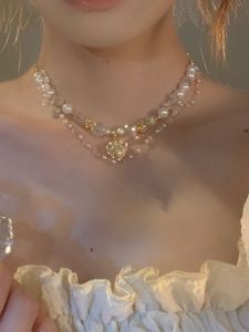 Elegant Double Layer Pearl Crystal Heart Necklace Feminine Chic Choker for Women Fairy Tale Inspired Festive Decoration