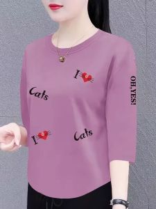 Pure Cotton Ladies T-Shirt Korean Style Loose Slimming Seven-Quarter Sleeve round Neck Casual Top Trendy Summer New Arrival