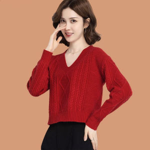 เสื้อสเวตเตอร์คอวีสั้นสำหรับผู้หญิง ทรงเข้ารูป แขนยาว ปกติ ฤดูใบไม้ร่วง ฤดูหนาว เสื้อชั้นในถัก เสื้อผ้าทำงาน เสื้อผ้าทำงาน สีพื้น