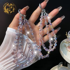 Handmade Crystal Flat Bead Double Chain Mobile Phone Pendant Colorful Car Wheel Simple Design DIY Keychain Mobile Accessory