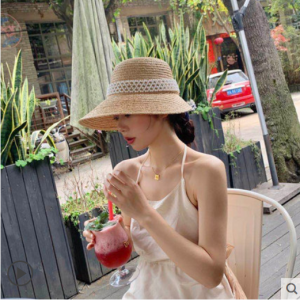 Summer New Style Womens Straw Hat Beach Holiday Sunshade Hat Fresh Beach Sun Hat Casual round Top Large Brim Hat for Travel