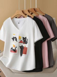 2024 Summer K-style New Casual Top Plus Size Ladies Stylish V Neck Fun Cat Printing Short Sleeve Plus Size T-shirt