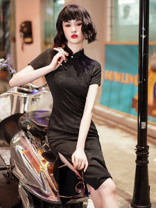 Black Young Girls New Chinese Style Cheongsam Dress Daily Wear Short Sleeve High Slit Vintage Pattern Pure Color Midi Dress