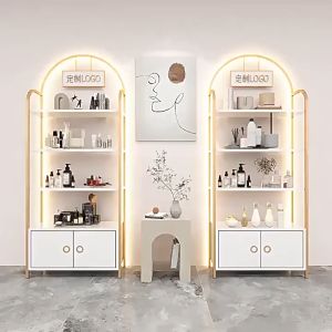 ชั้นวางของ ตู้โชว์สินค้า ชั้นโชว์สินค้า ชั้นโชว์ มีไฟLED เหล็กสีทอง ลาย หินอ่อนขาว ชั้นโชว์ของ สไตส์ Modern Luxury
