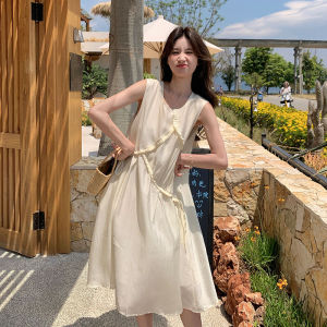 Milk Chocolate Pleated French Style Womens Summer Loose Vest Dress High Waist A-Line Skirt Casual No-Sleeve round Neck Dress