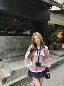 Loose Fit Womens Long Sleeve T-Shirt Pink Stripes Polo Shirt Chic Versatile Autumn Top Earth Store Miu Style Lazy Fashion